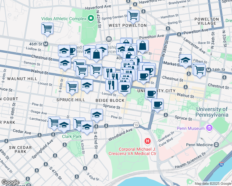 map of restaurants, bars, coffee shops, grocery stores, and more near 4028 Walnut Street in Philadelphia