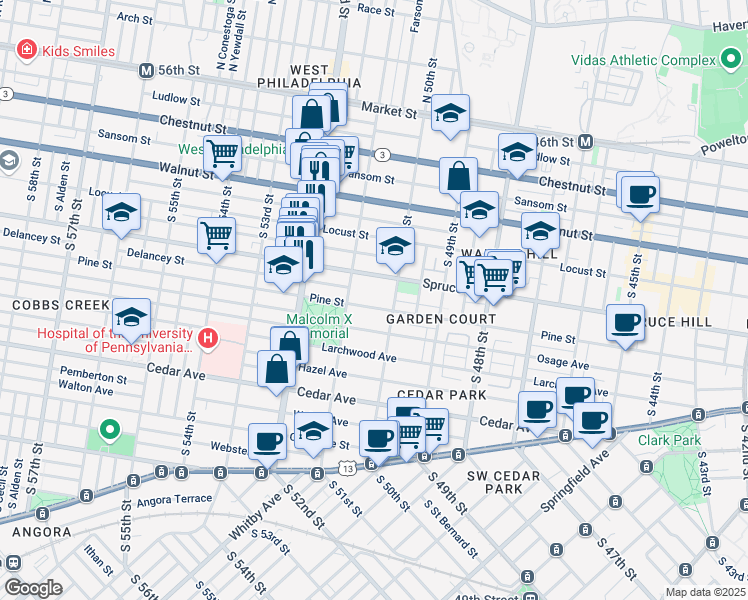 map of restaurants, bars, coffee shops, grocery stores, and more near 5036 Spruce Street in Philadelphia