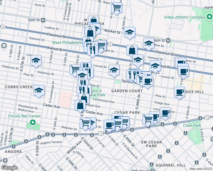map of restaurants, bars, coffee shops, grocery stores, and more near 5036 Spruce Street in Philadelphia