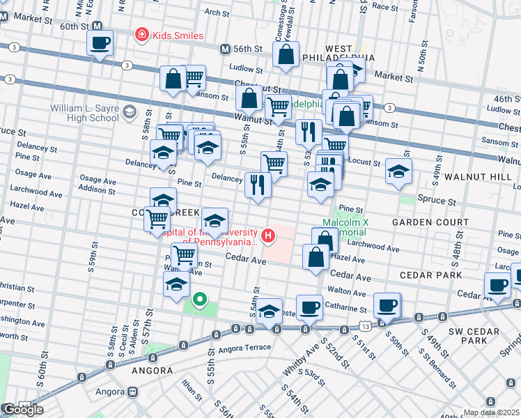map of restaurants, bars, coffee shops, grocery stores, and more near 5428 Pine Street in Philadelphia