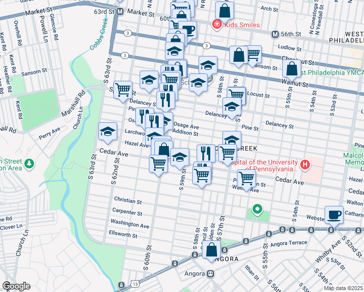 map of restaurants, bars, coffee shops, grocery stores, and more near 517 South Redfield Street in Philadelphia