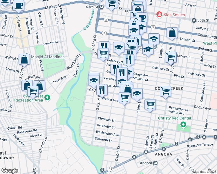 map of restaurants, bars, coffee shops, grocery stores, and more near 517R South 62nd Street in Philadelphia