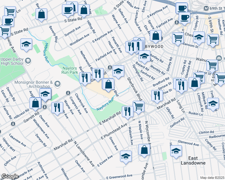 map of restaurants, bars, coffee shops, grocery stores, and more near 338 Beverly Boulevard in Delaware County