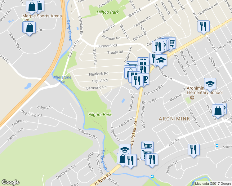 map of restaurants, bars, coffee shops, grocery stores, and more near 1206 Dermond Road in Drexel Hill
