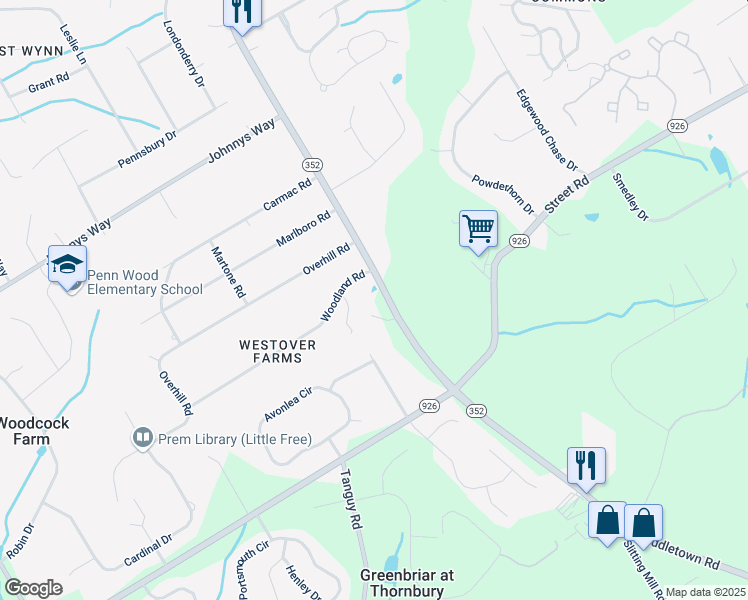 map of restaurants, bars, coffee shops, grocery stores, and more near 1104 South Chester Road in West Chester
