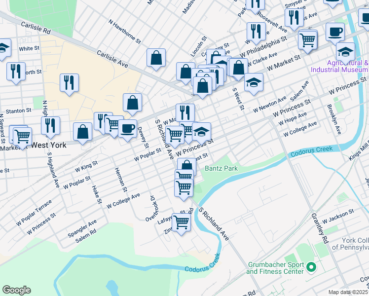 map of restaurants, bars, coffee shops, grocery stores, and more near 915 West Poplar Street in York