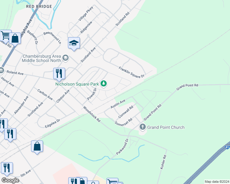 map of restaurants, bars, coffee shops, grocery stores, and more near 751 Bassett Drive in Chambersburg