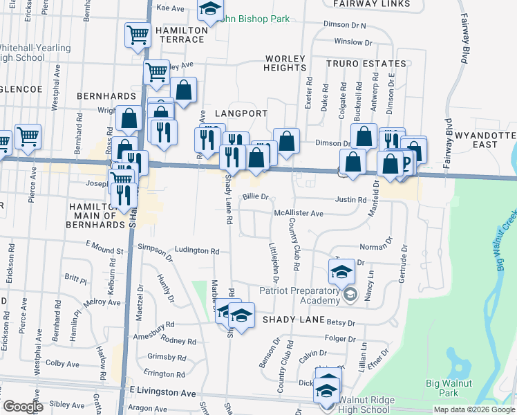 map of restaurants, bars, coffee shops, grocery stores, and more near 1072 Billie Drive in Columbus