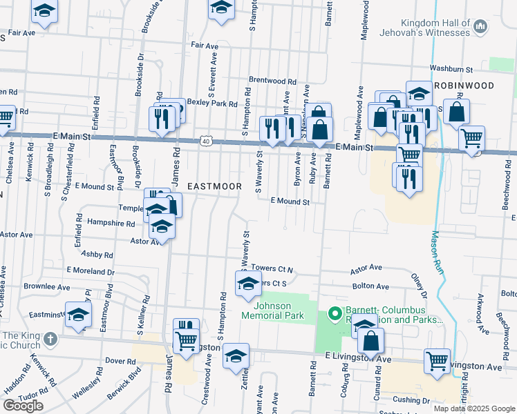 map of restaurants, bars, coffee shops, grocery stores, and more near 870 South Waverly Street in Columbus