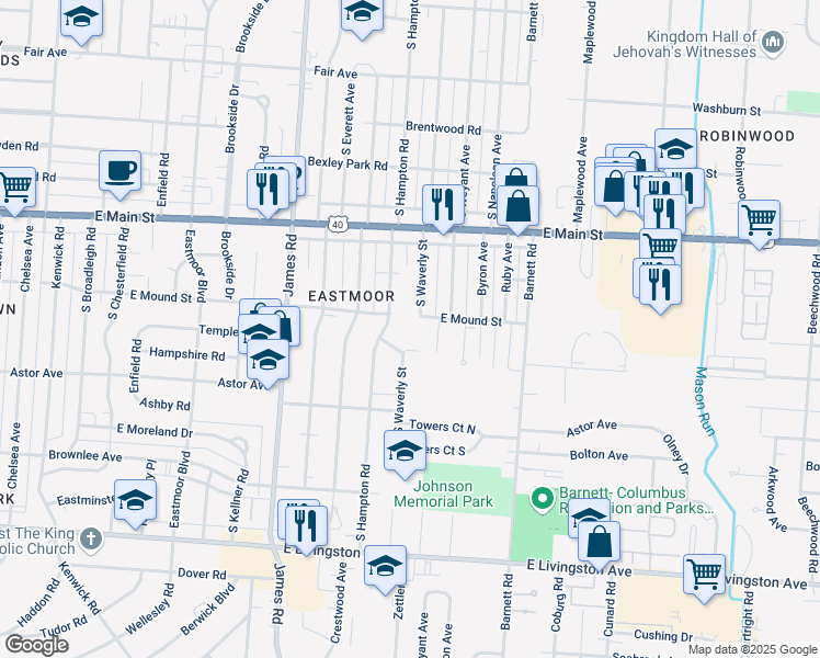 map of restaurants, bars, coffee shops, grocery stores, and more near 870 South Waverly Street in Columbus