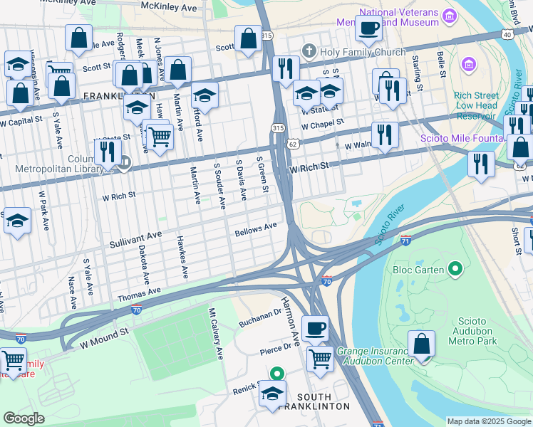 map of restaurants, bars, coffee shops, grocery stores, and more near 726 Sullivant Avenue in Columbus