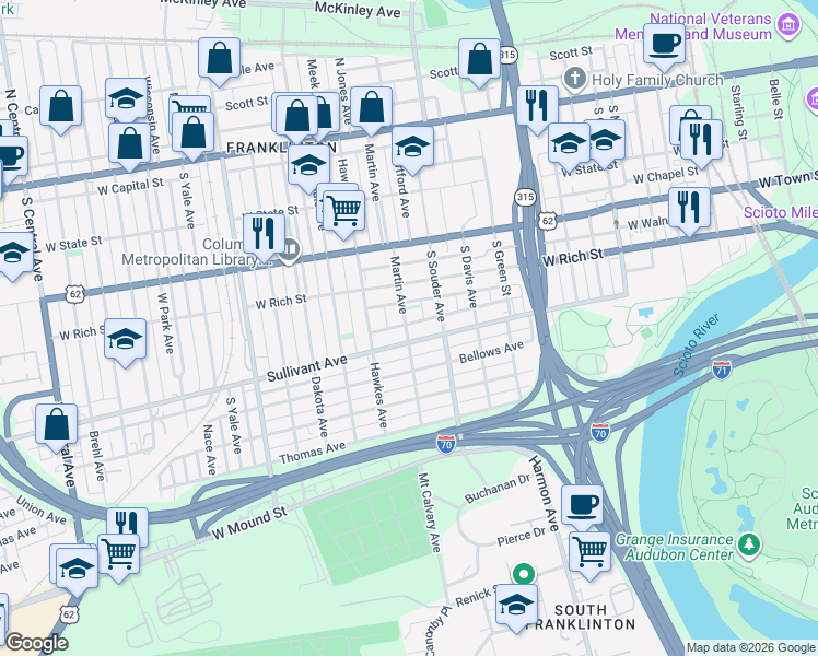 map of restaurants, bars, coffee shops, grocery stores, and more near 263 Martin Avenue in Columbus