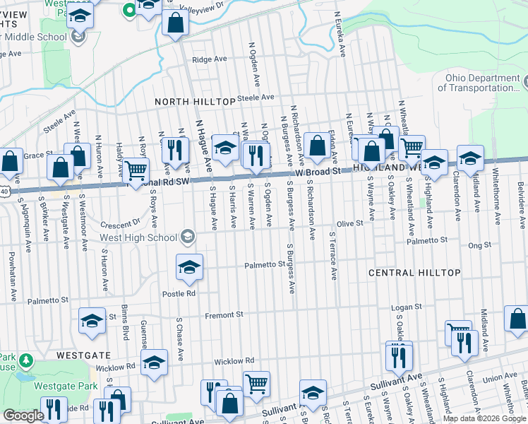 map of restaurants, bars, coffee shops, grocery stores, and more near 50 South Warren Avenue in Columbus