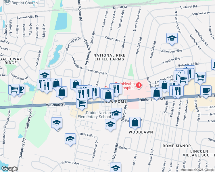 map of restaurants, bars, coffee shops, grocery stores, and more near 109 Maple Drive in Columbus