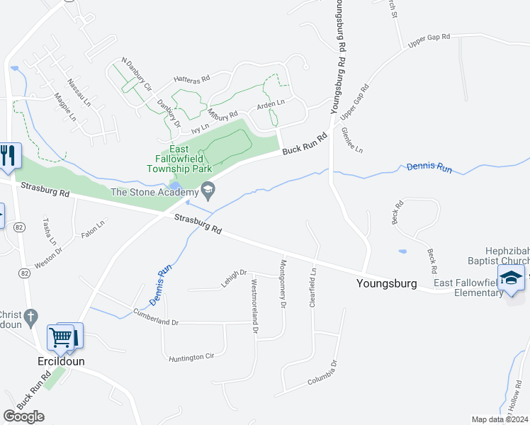 map of restaurants, bars, coffee shops, grocery stores, and more near 2401 Strasburg Road in Coatesville