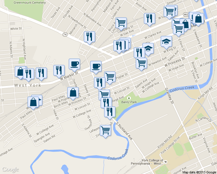 map of restaurants, bars, coffee shops, grocery stores, and more near 911 West Princess Street in York