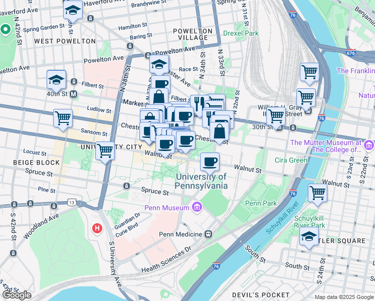 map of restaurants, bars, coffee shops, grocery stores, and more near 3400 Chestnut Street in Philadelphia