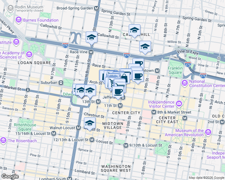 map of restaurants, bars, coffee shops, grocery stores, and more near 45 North 12th Street in Philadelphia