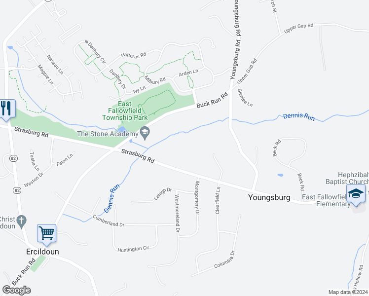 map of restaurants, bars, coffee shops, grocery stores, and more near 2401 Strasburg Road in Coatesville