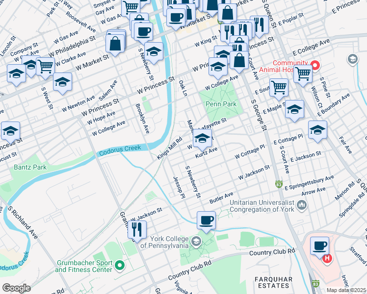 map of restaurants, bars, coffee shops, grocery stores, and more near 295 West Maple Street in York