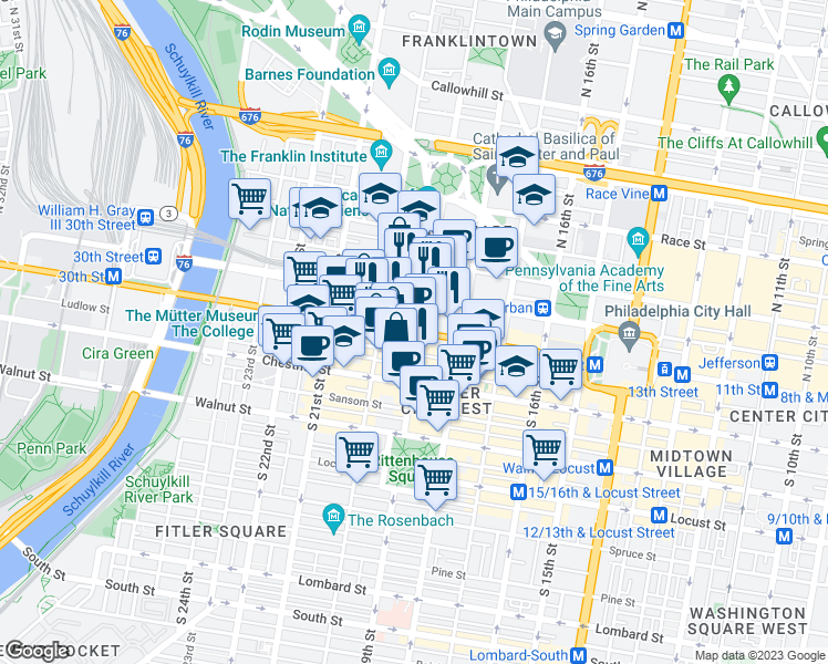 map of restaurants, bars, coffee shops, grocery stores, and more near 1919 Market Street in Philadelphia
