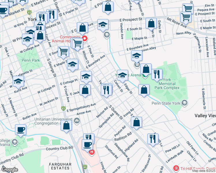 map of restaurants, bars, coffee shops, grocery stores, and more near 822 South Pine Street in York