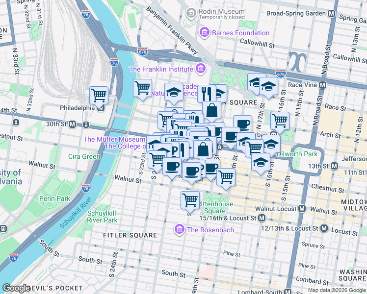 map of restaurants, bars, coffee shops, grocery stores, and more near 2040 Market Street in Philadelphia