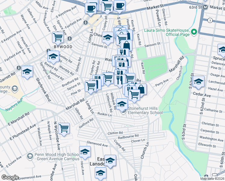map of restaurants, bars, coffee shops, grocery stores, and more near 7012 Veronica Road in Delaware County