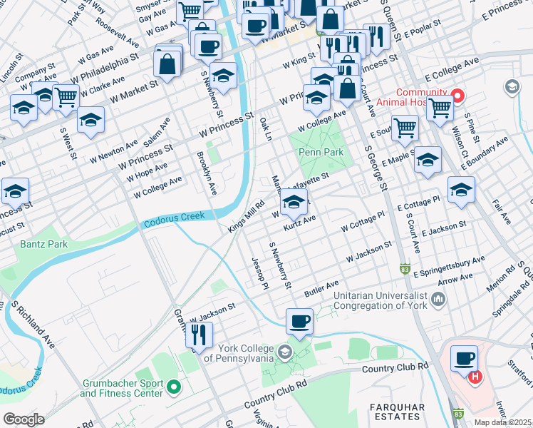 map of restaurants, bars, coffee shops, grocery stores, and more near 295 West Maple Street in York