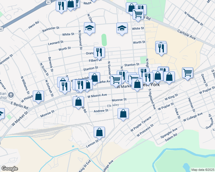 map of restaurants, bars, coffee shops, grocery stores, and more near 1709 West Market Street in York