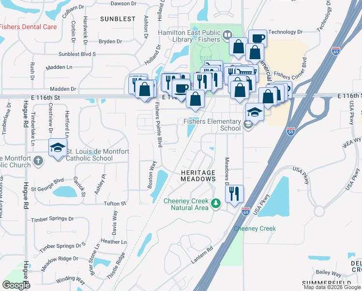 map of restaurants, bars, coffee shops, grocery stores, and more near 11459 Enclave Boulevard in Fishers