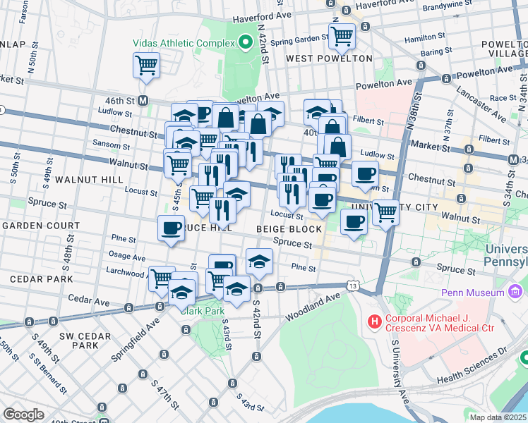 map of restaurants, bars, coffee shops, grocery stores, and more near Locust St & S 42nd St in Philadelphia