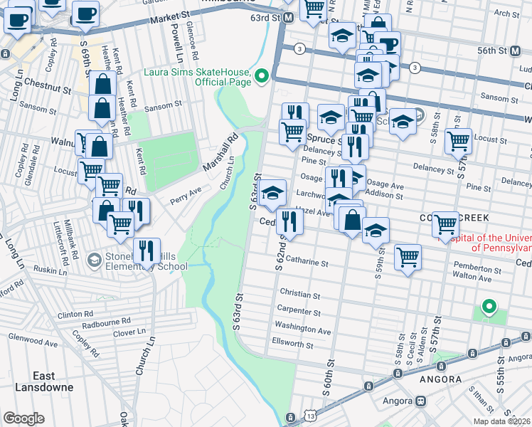 map of restaurants, bars, coffee shops, grocery stores, and more near 6230 Hazel Avenue in Philadelphia