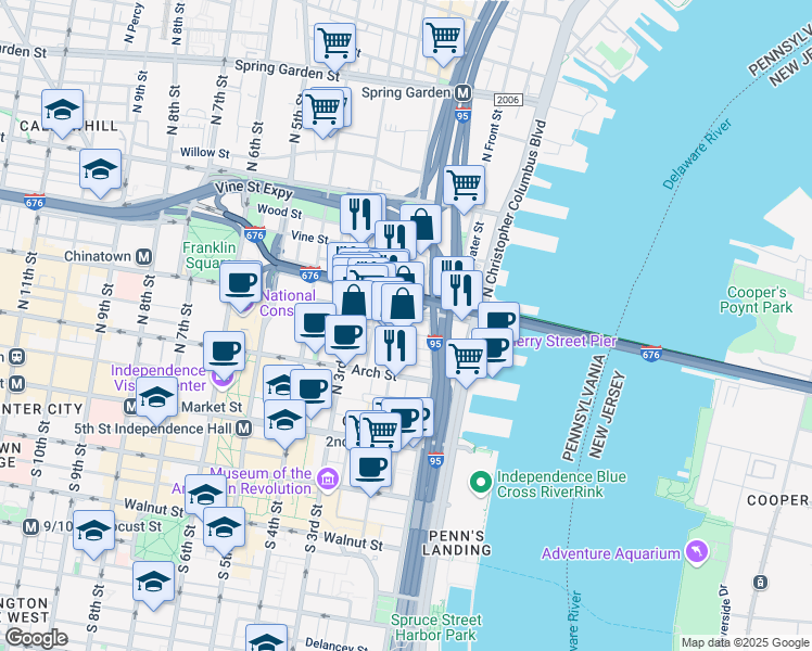 map of restaurants, bars, coffee shops, grocery stores, and more near 151 North 2nd Street in Philadelphia