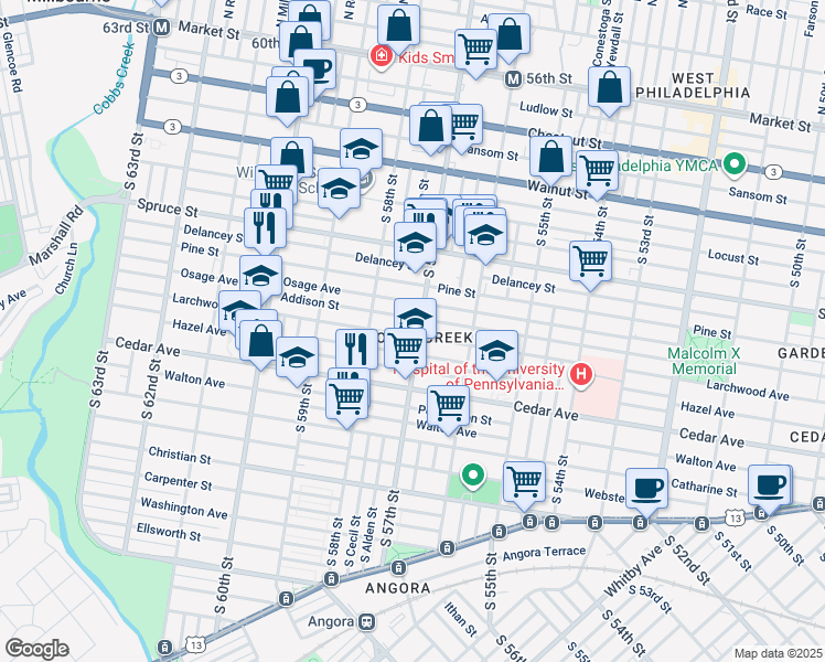 map of restaurants, bars, coffee shops, grocery stores, and more near 448 South 57th Street in Philadelphia