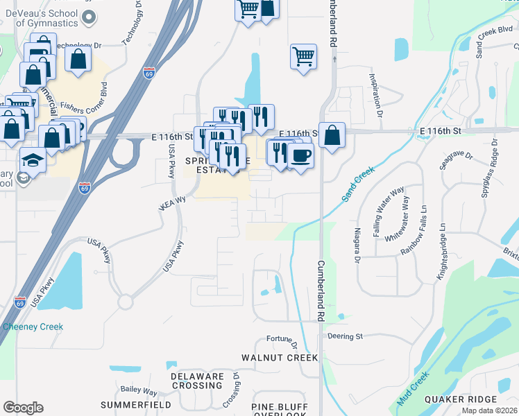 map of restaurants, bars, coffee shops, grocery stores, and more near 11505 Grassy Court in Fishers