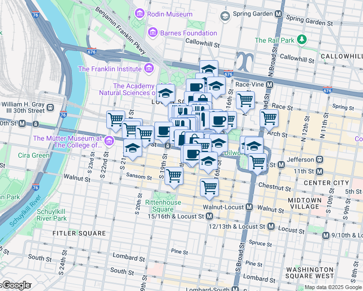 map of restaurants, bars, coffee shops, grocery stores, and more near 1801 Market Street in Philadelphia