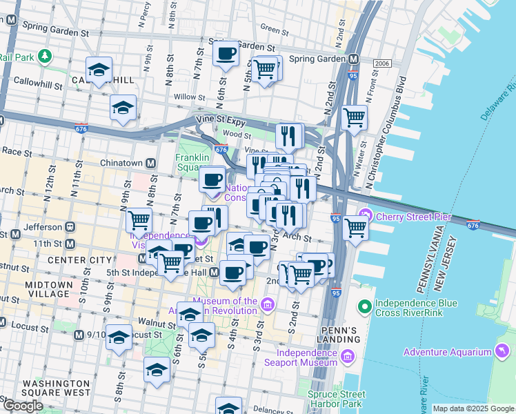 map of restaurants, bars, coffee shops, grocery stores, and more near 153 North 4th Street in Philadelphia