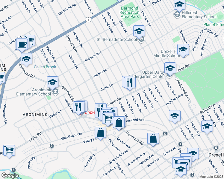 map of restaurants, bars, coffee shops, grocery stores, and more near 836 Lindale Avenue in Drexel Hill