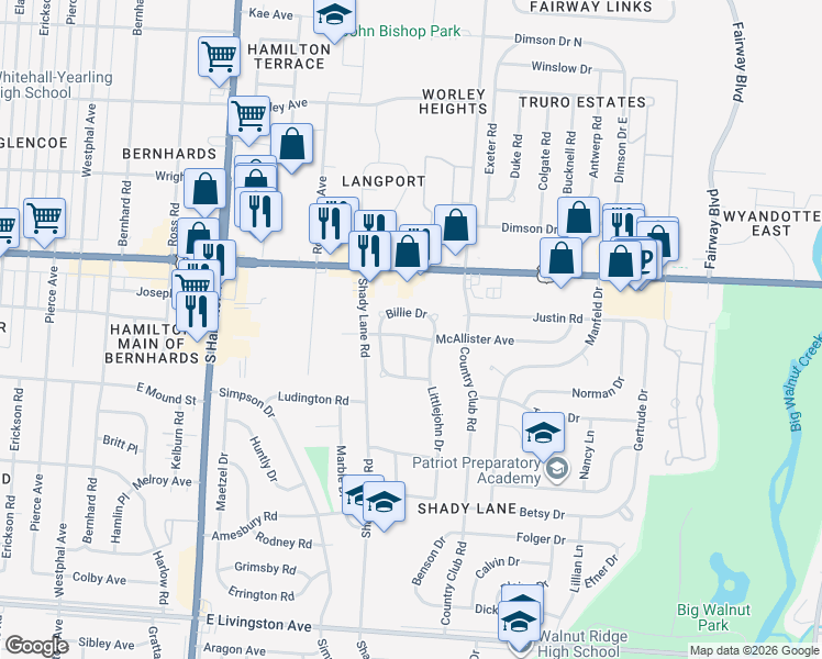 map of restaurants, bars, coffee shops, grocery stores, and more near 1072 Billie Drive in Columbus