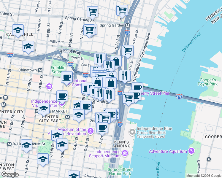 map of restaurants, bars, coffee shops, grocery stores, and more near 209 North 2nd Street in Philadelphia