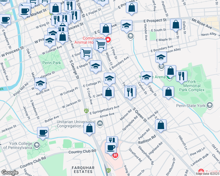 map of restaurants, bars, coffee shops, grocery stores, and more near 177 East Jackson Street in York
