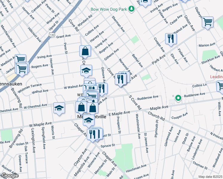 map of restaurants, bars, coffee shops, grocery stores, and more near 117 East Park Avenue in Merchantville