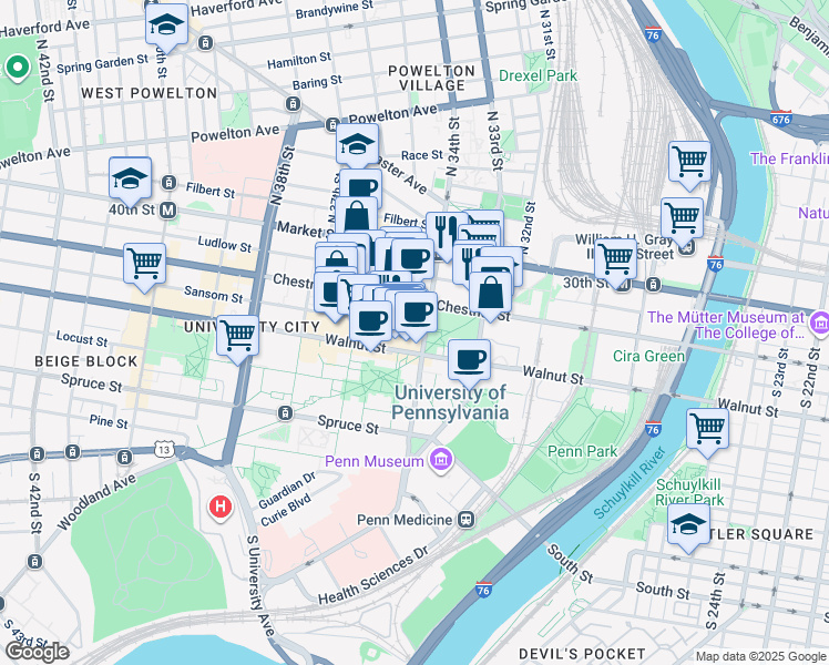 map of restaurants, bars, coffee shops, grocery stores, and more near 3402 Sansom Street in Philadelphia