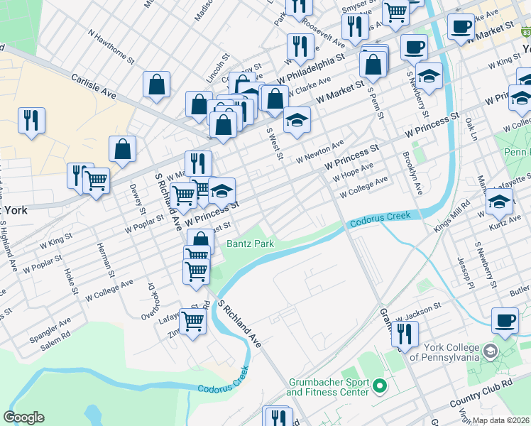 map of restaurants, bars, coffee shops, grocery stores, and more near 655 West Locust Street in York
