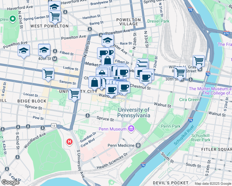 map of restaurants, bars, coffee shops, grocery stores, and more near Moravian Street in Philadelphia