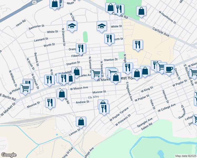 map of restaurants, bars, coffee shops, grocery stores, and more near 1615 West Market Street in West York