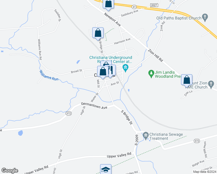 map of restaurants, bars, coffee shops, grocery stores, and more near 205 South Bridge Street in Christiana