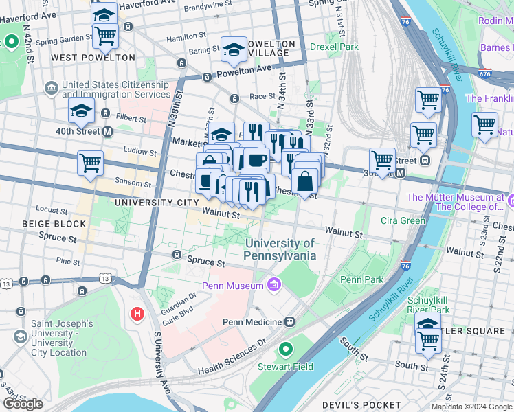 map of restaurants, bars, coffee shops, grocery stores, and more near 3404 Sansom Street in Philadelphia