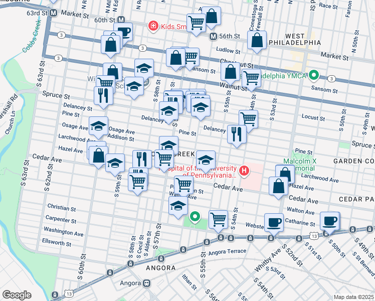 map of restaurants, bars, coffee shops, grocery stores, and more near 5616 Addison Street in Philadelphia